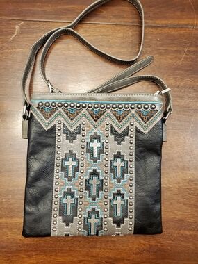 Montana West Black, Brown & Turquoise Embroidered Cross Crossbody Leather Purse